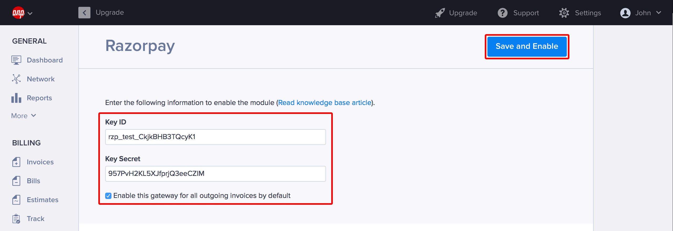 Enter your Key Id and Key Secret