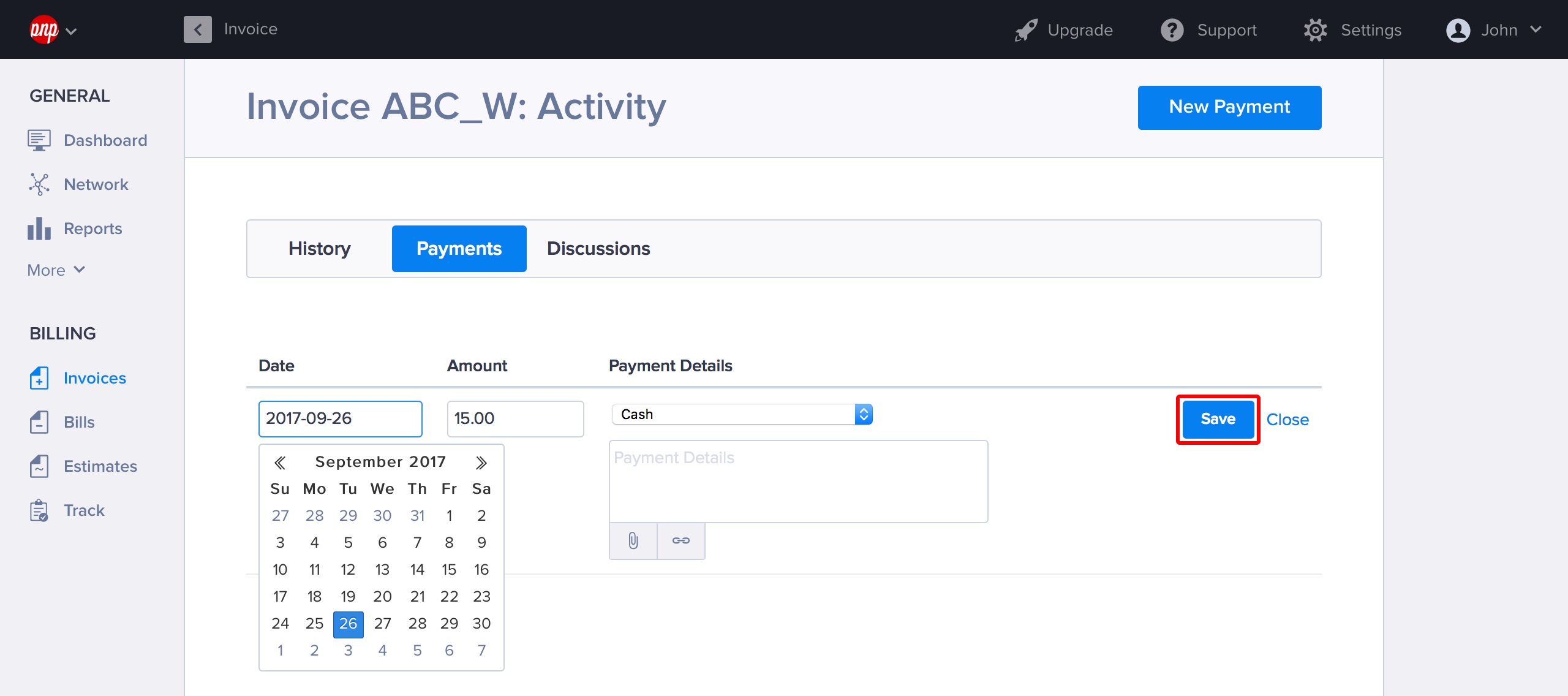 Entering payment details for an invoice
