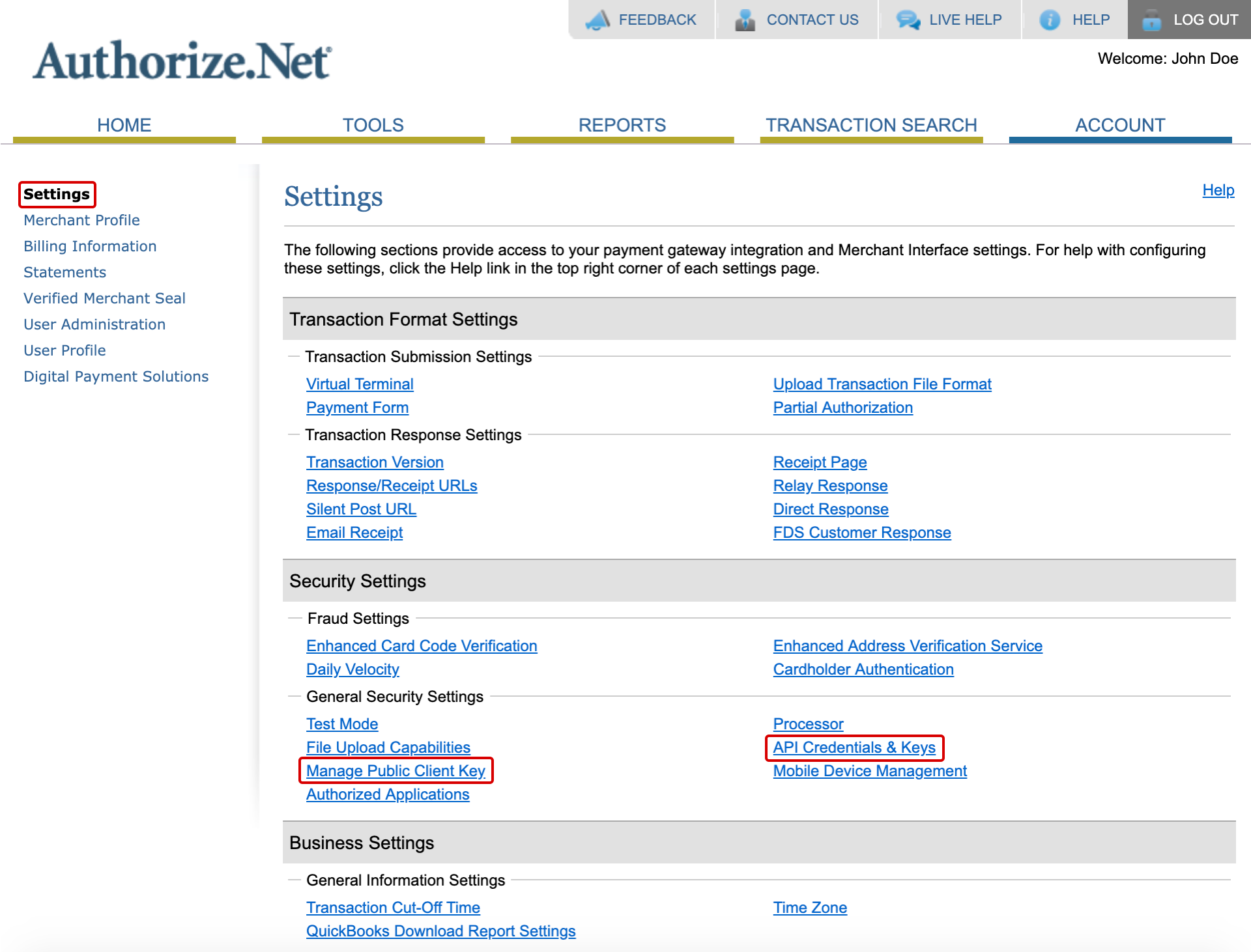 Authorize.Net Settings Section
