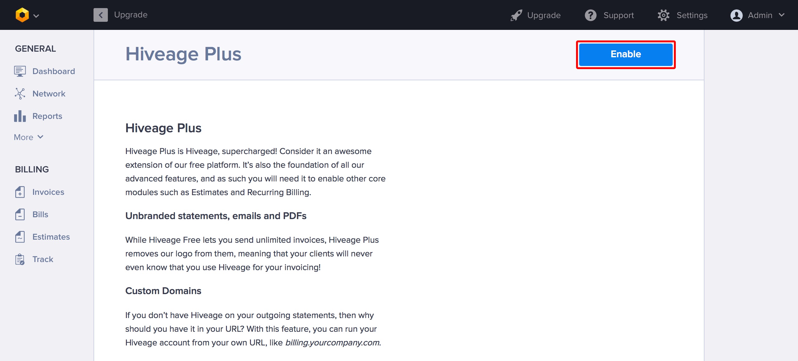 Enable button on the Hiveage Plus module page