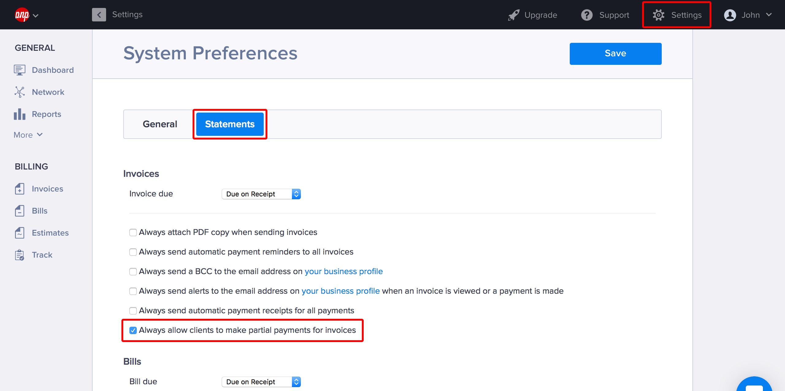 Enabling partial payments for all invoices by default