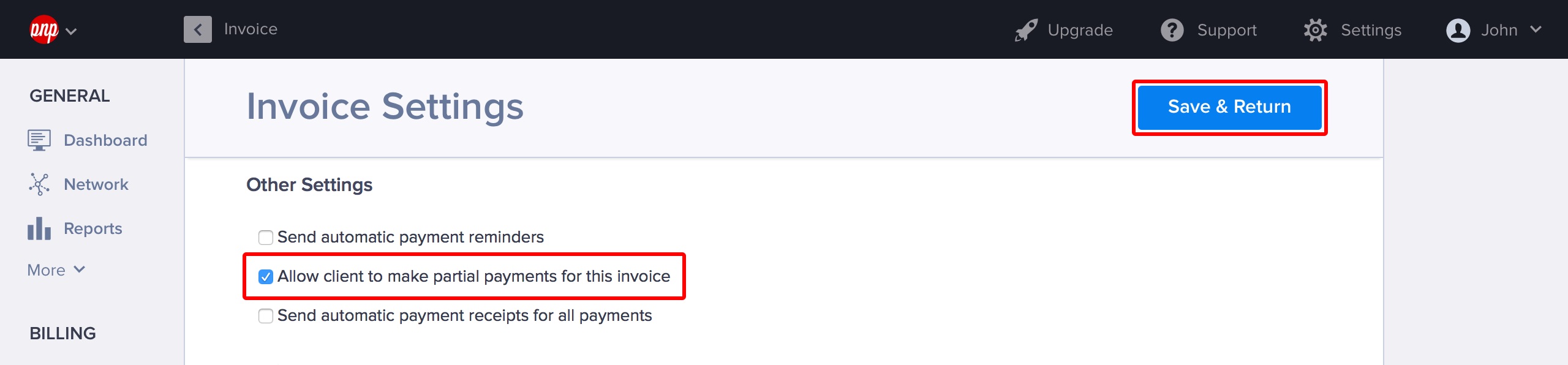 Enabling partial payments from Invoice Settings