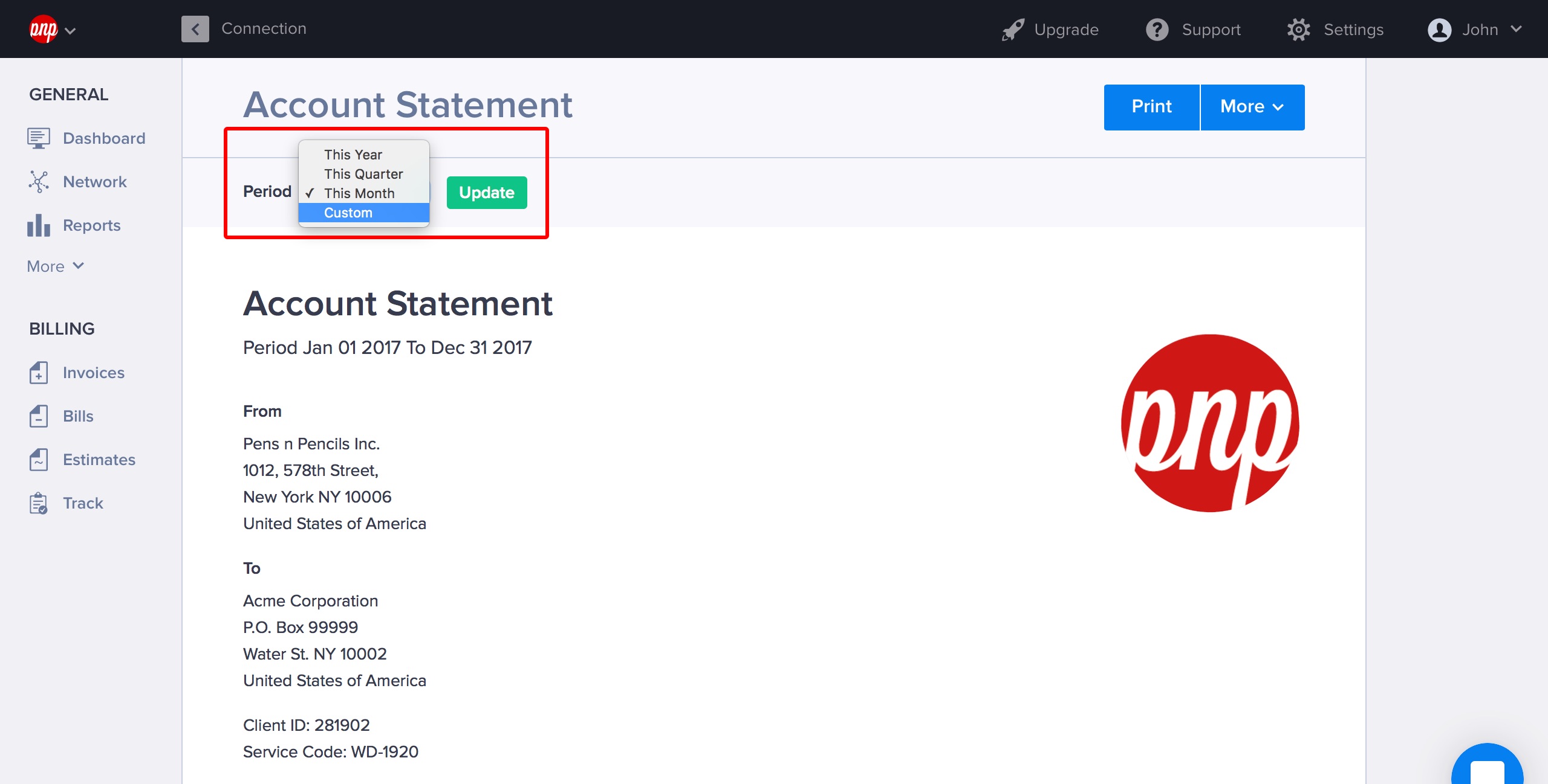 Select the period for the statement