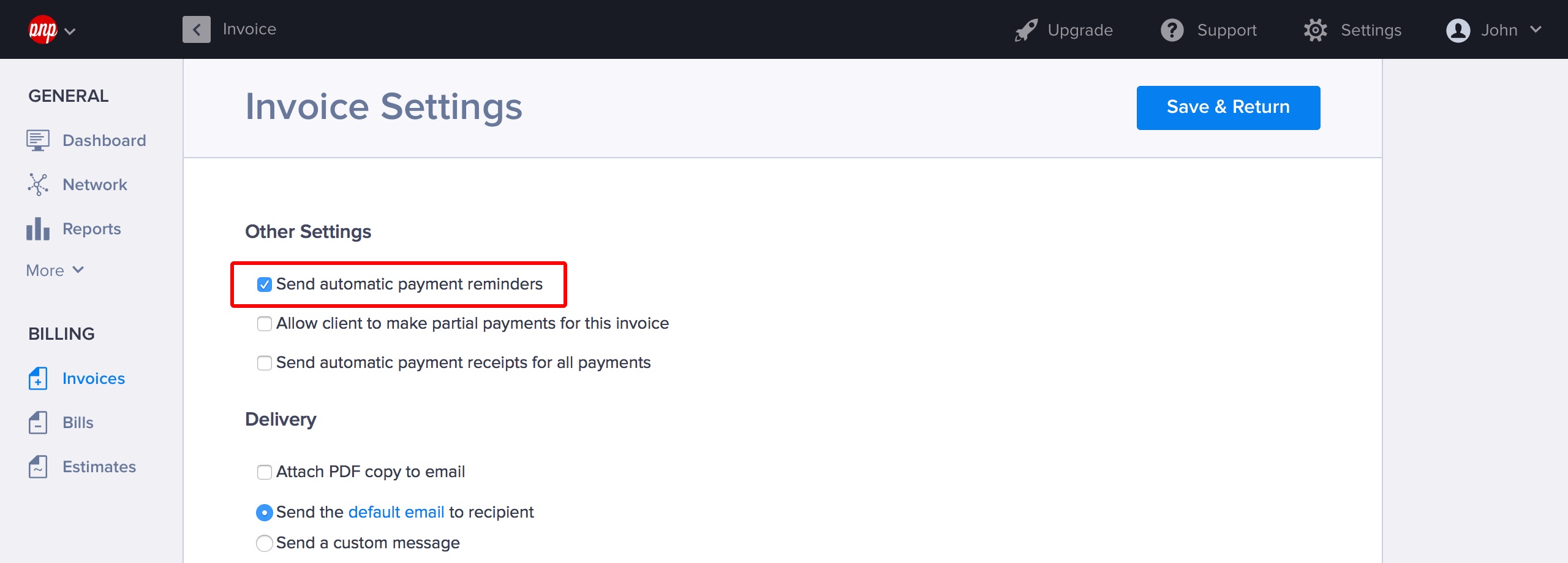 Enabling automatic reminders for an invoice