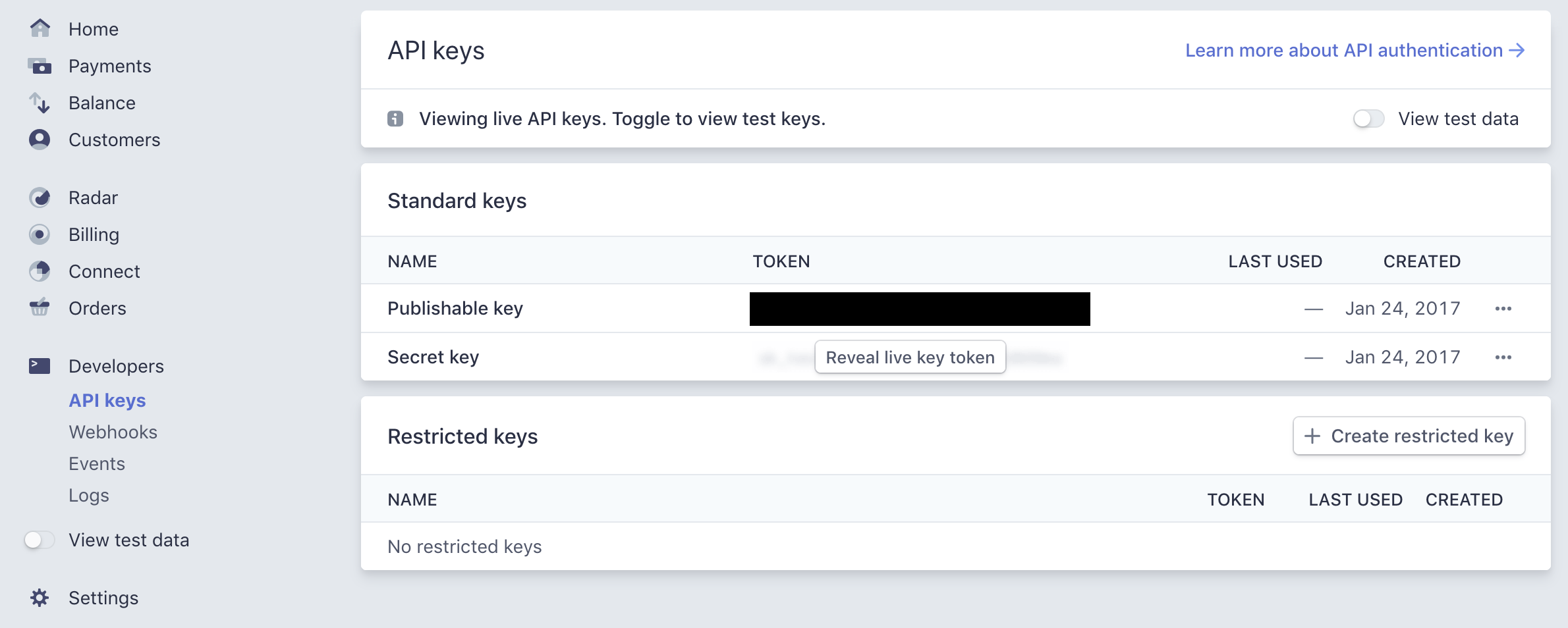 API keys section on the Stripe dashbaord