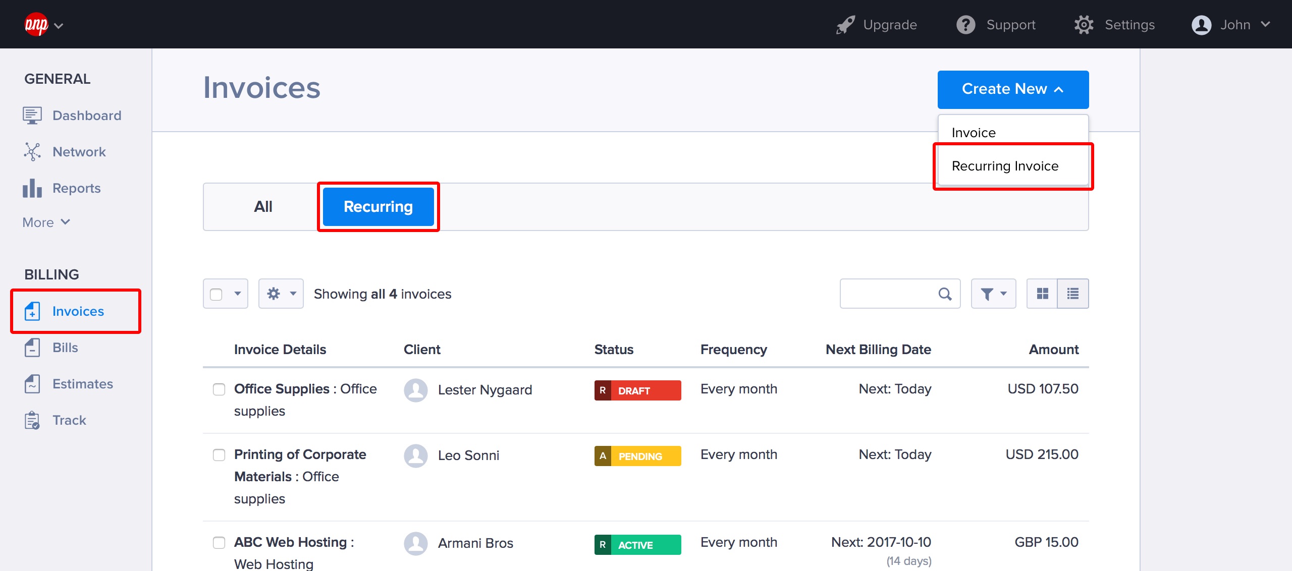 Creating a new recurring invoice