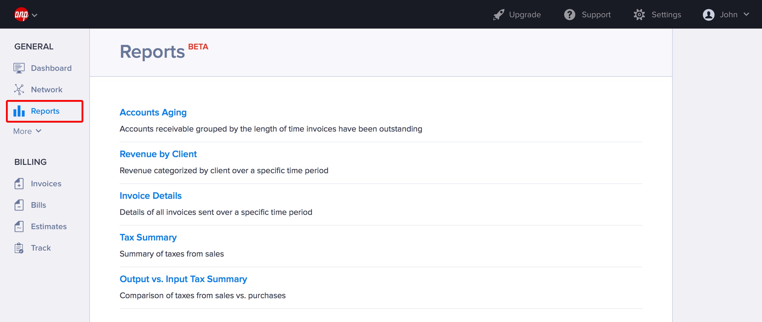 Detailed reports section in Hiveage
