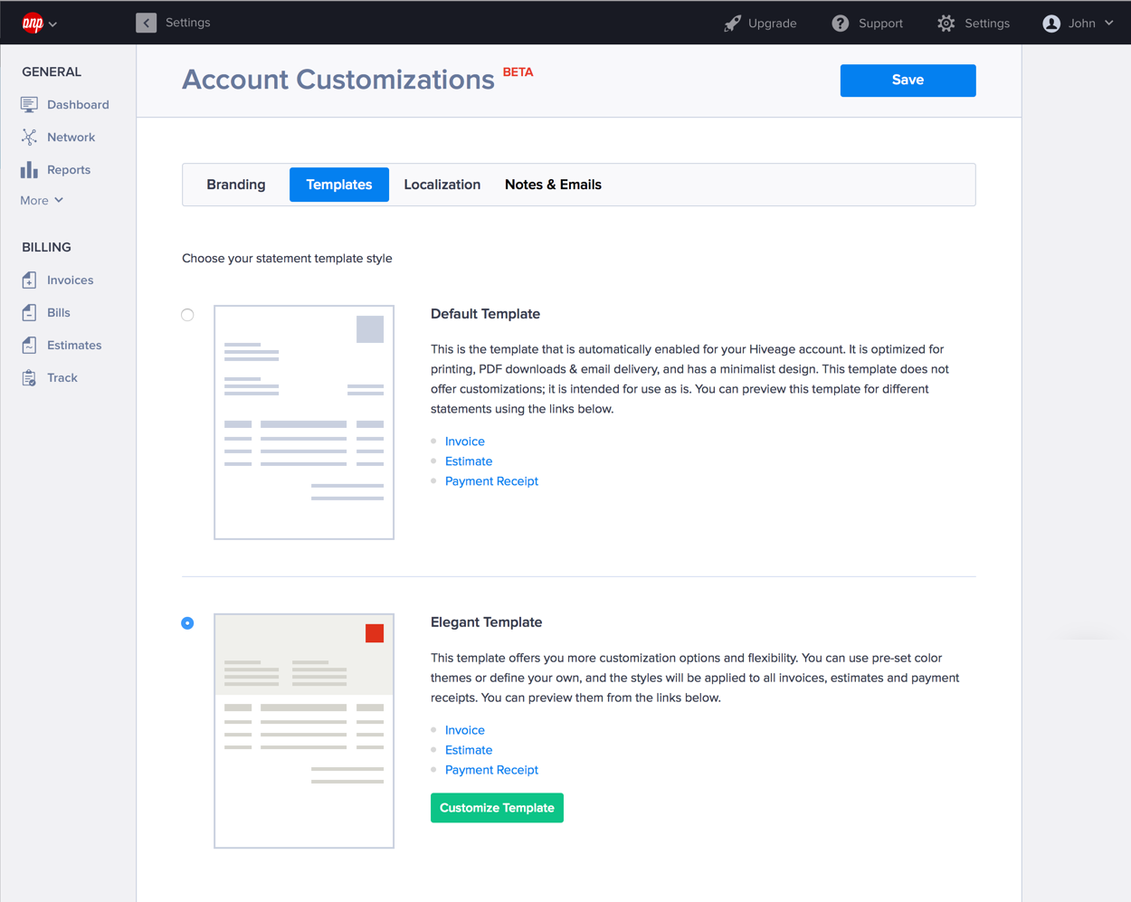 Select the template from the Settings section