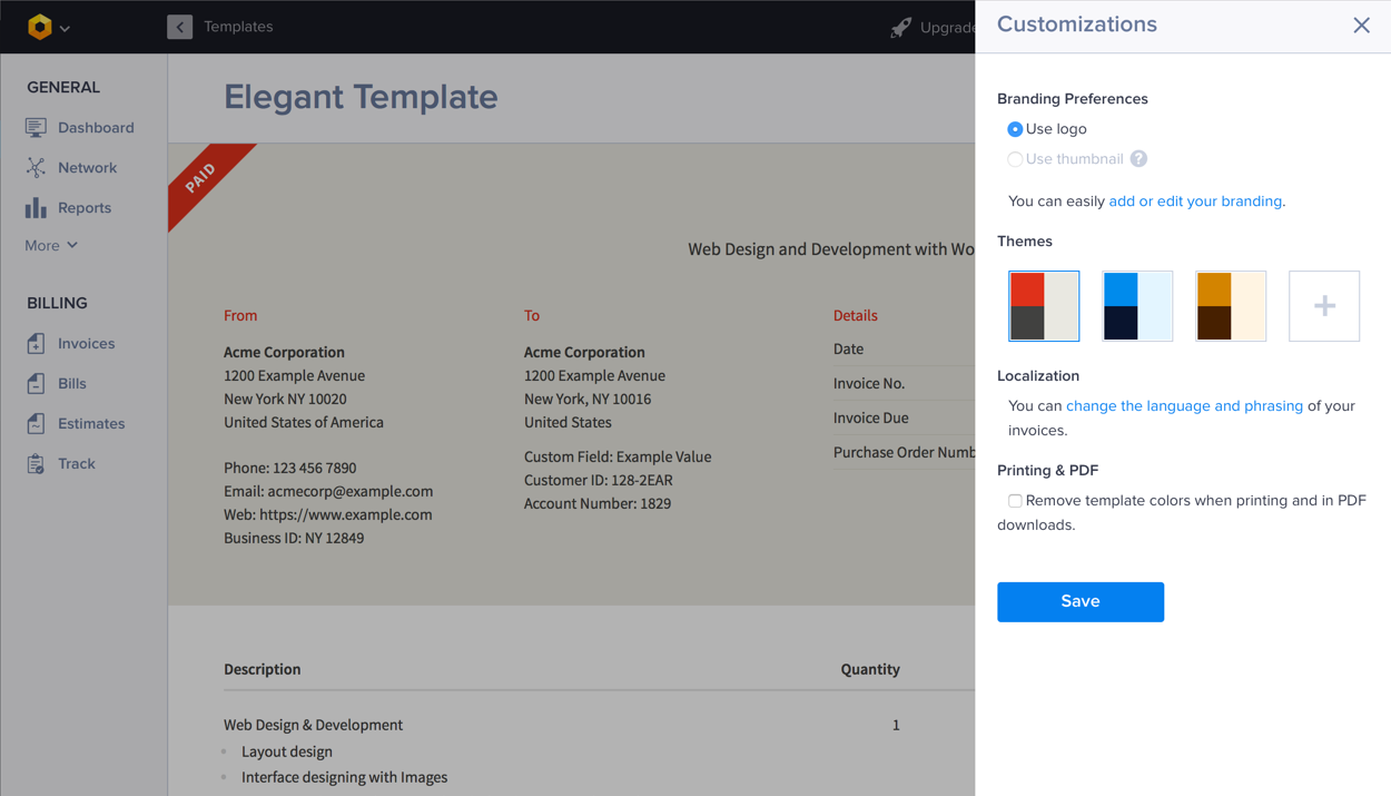 Custom invoice template options in Hiveage