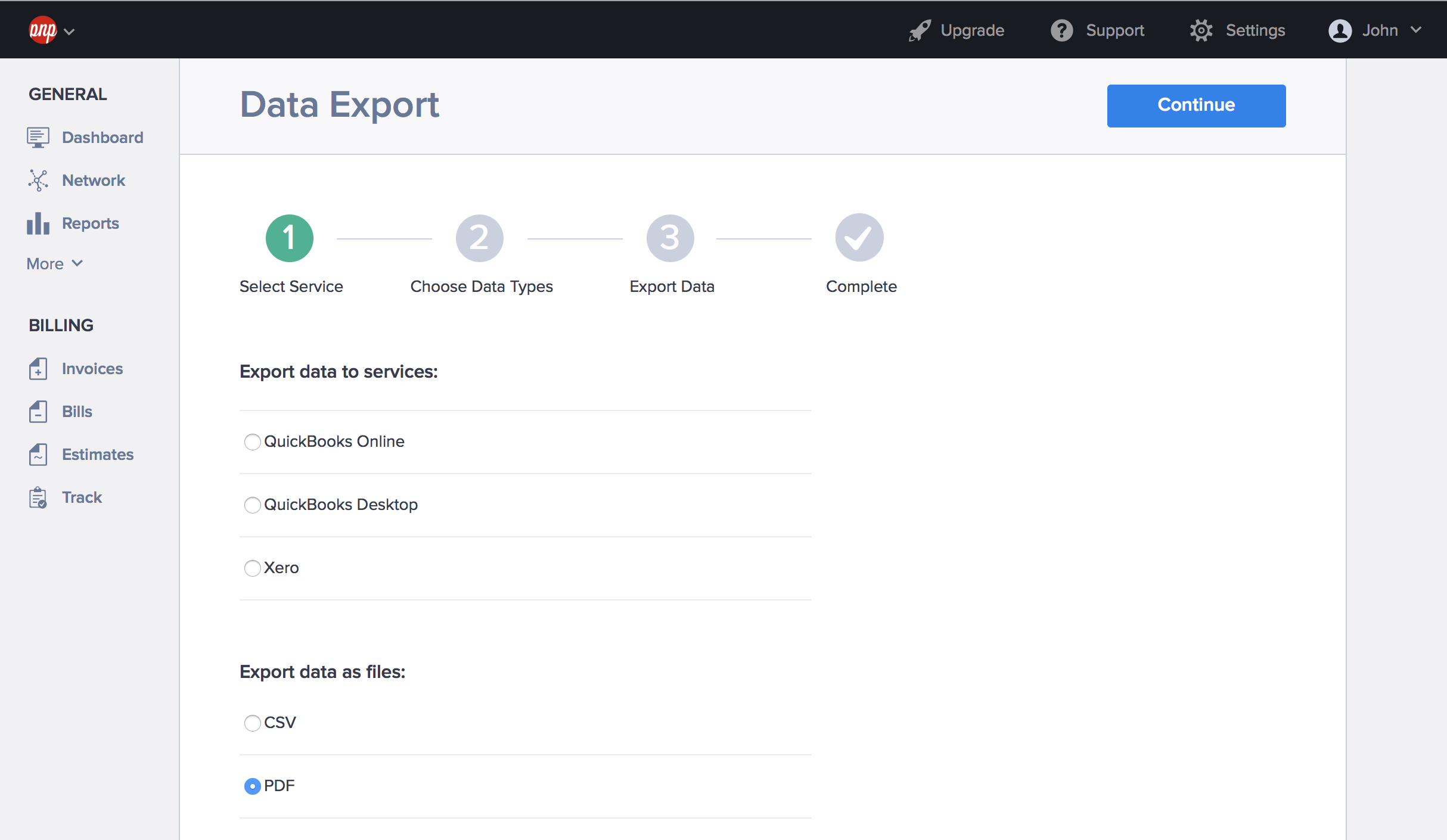 Data export screen in Hiveage
